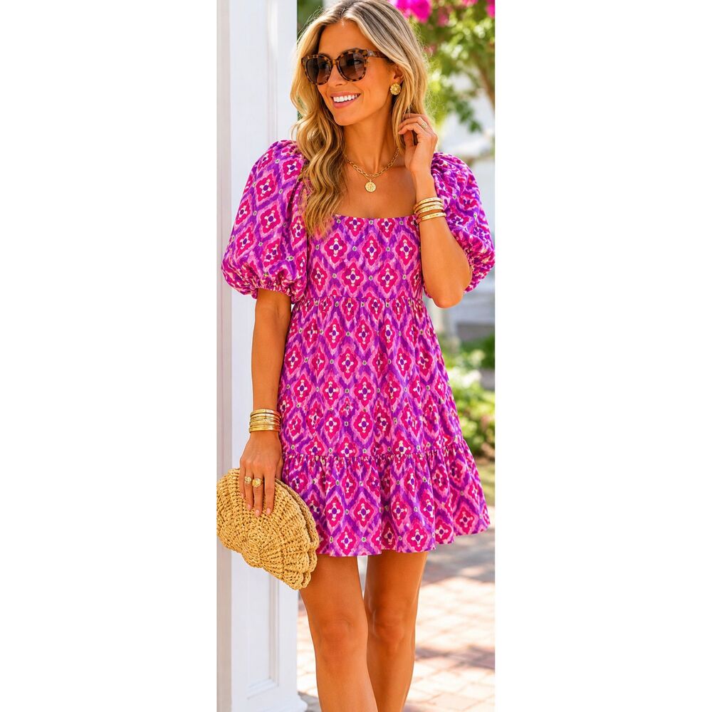 Banjanan Tuckernuck Pink Ikat Puff Sleeve Mini Dress | Square Neck Cotton Tiered